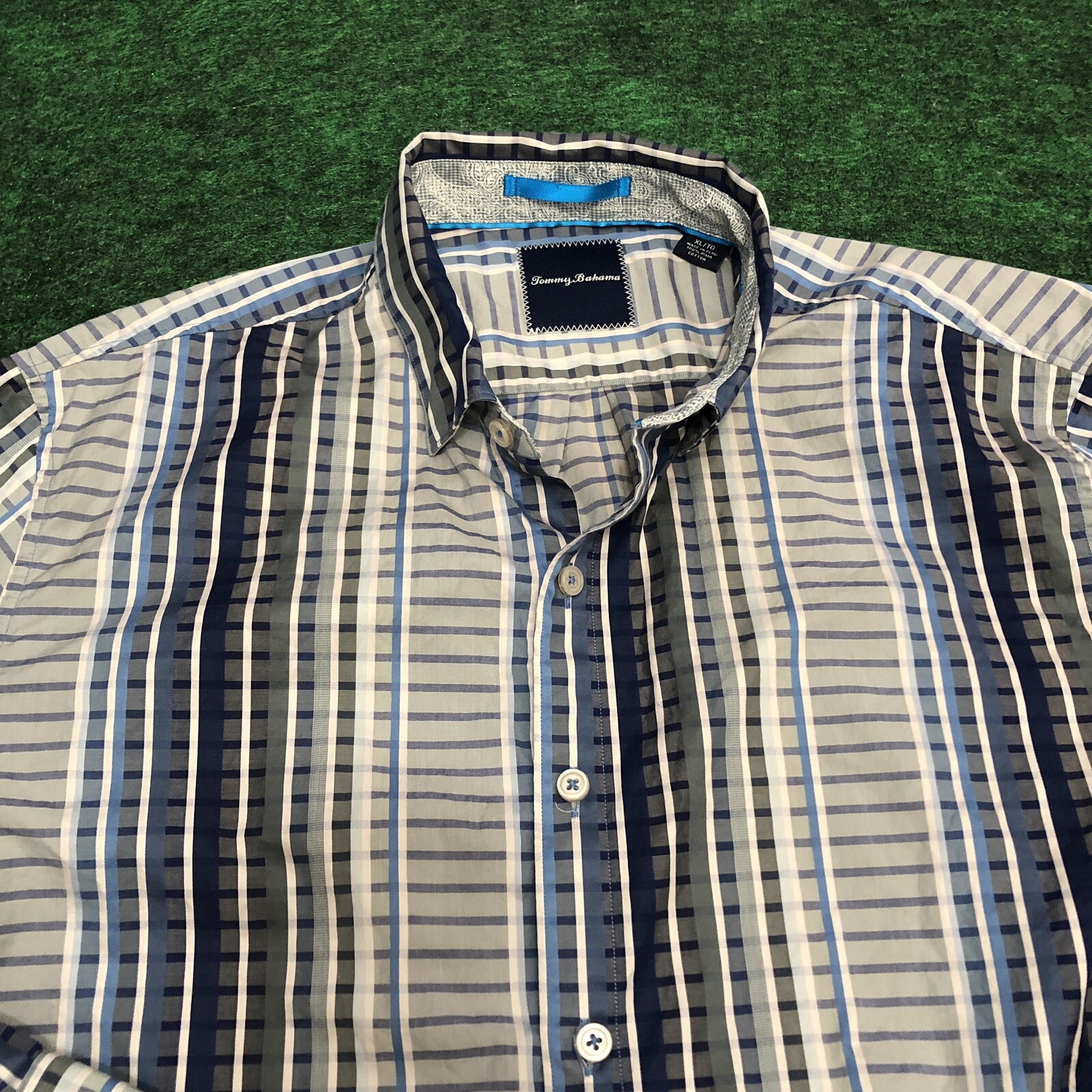 Tommy Bahama Shirt Striped Pima Cotton Men Xl Blue Gray Plaid Button Up L/S